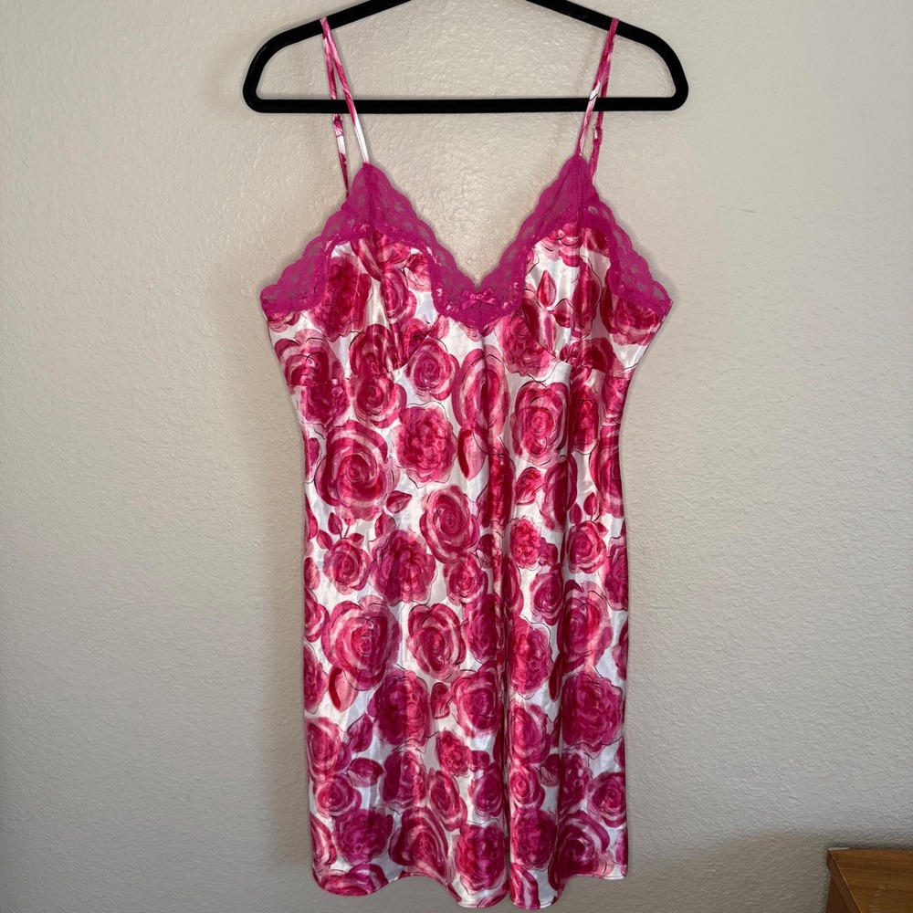 Y2K Pink Floral Satin Lace Trim Slip Dress Womens XL Cottage Feminine Dainty